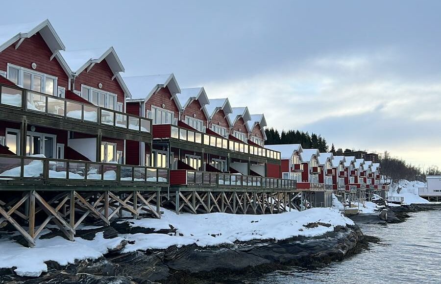 chalets norvégien en face d'un fjord