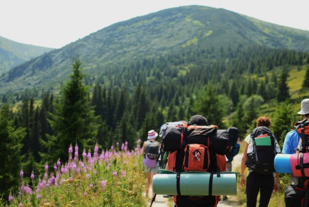 Groupe de randonneurs en face d'une montagne lors d'un voyage au Kirghizistan